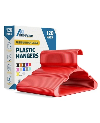 Lifemaster heavy-duty plastic hangers with non-slip grooves, space-saving design, holds 5 lbs. Pack of 120 for clothes & coats