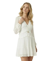 Modenaire Women's Genevieve Chiffon Ruffle V-Neck Long Sleeve Mini Dress