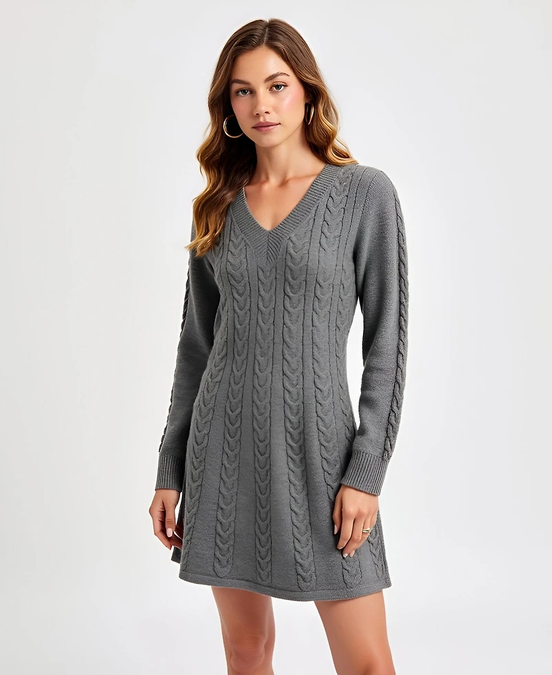 Modenaire Women's Cable Knit V-Neck Long Sleeve Sweater Dress
