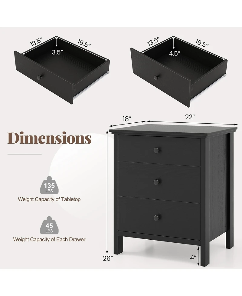 Gymax Nightstand 3 Drawer for Bedroom Compact Storage Chest Modern Sofa Side