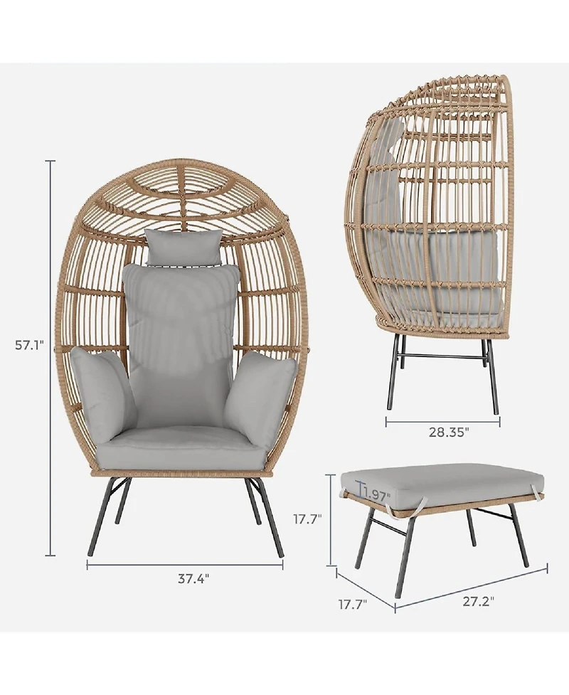 Xo Oversize Egg Shaped Lounger, Egg Chair for Indoor Outdoor Patio Porch Backyard with Ottoman, Grey