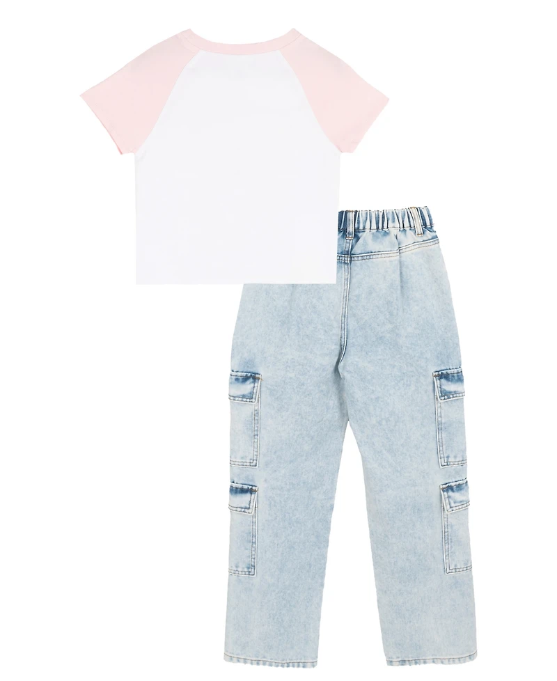 Tween Diva Girls' 7-16 Graphic Raglan T-Shirt and Denim Cargo Pants, 2-Piece Set