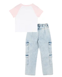 Tween Diva Girls' 7-16 Graphic Raglan T-Shirt and Denim Cargo Pants, 2-Piece Set