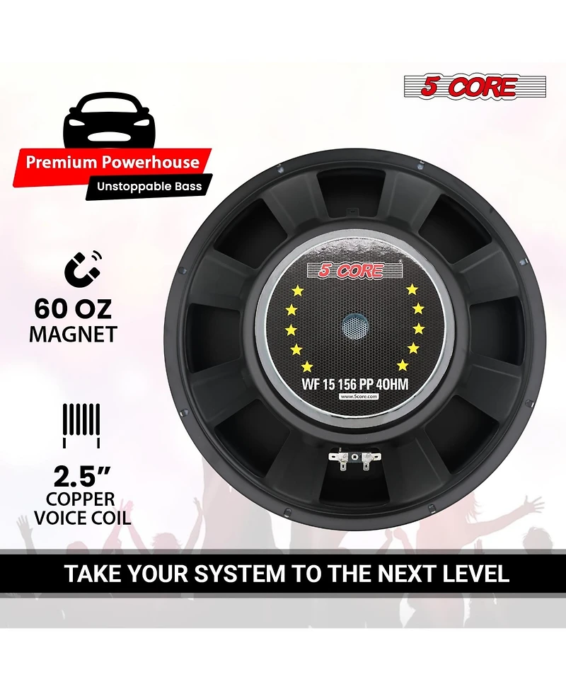 5 Core 15 Inch Car Subwoofer Pair 450W 4 Ohm Deep Bass Woofers with 40 Oz Magnet and Poly Cone Speakers