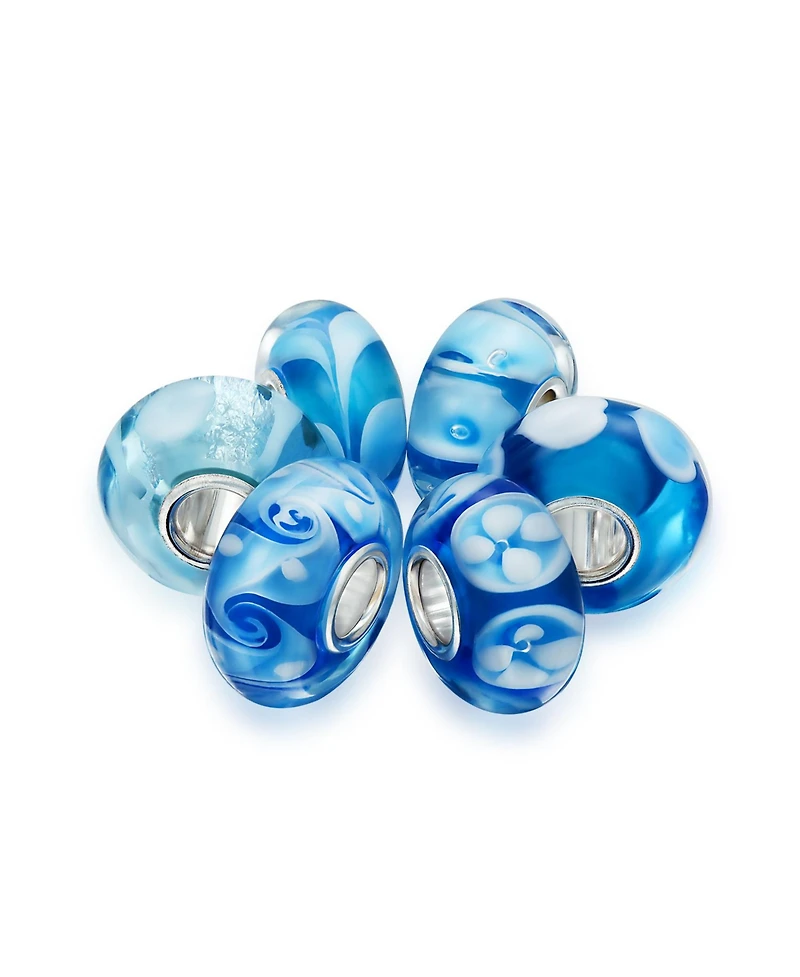Bling Jewelry Mixed Set Blue Aqua White Floral Murano Glass Flower Charm Bead Sterling Silver Core For Bracelet