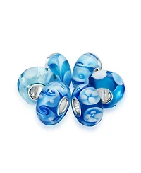 Bling Jewelry Mixed Set Blue Aqua White Floral Murano Glass Flower Charm Bead Sterling Silver Core For Bracelet