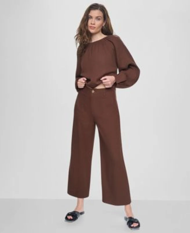 Dkny Jeans Womens Raglan Long Sleeve Shirred Neckline Top High Rise Cropped Wide Leg Pants
