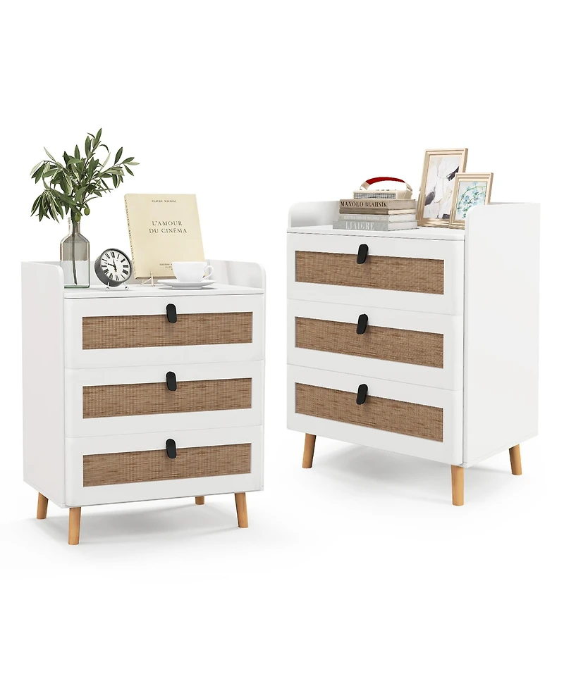 Gymax 2 Pieces Modern Nightstand End Bedside Table with 3 Rattan Drawers and Solid Wood Legs