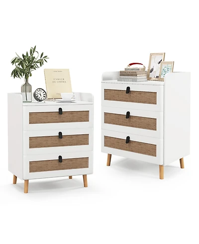 Gymax 2 Pieces Modern Nightstand End Bedside Table with 3 Rattan Drawers and Solid Wood Legs