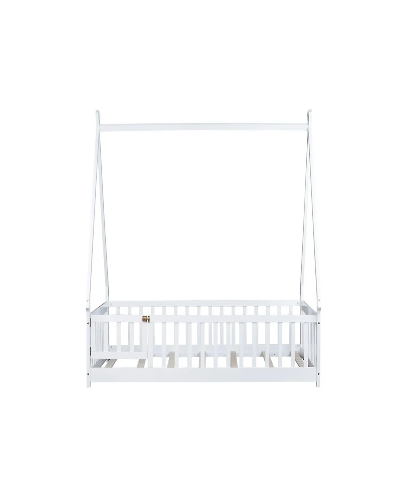 Clihome Full Size Rubber Wood Tent-shaped Floor Bed,with Guardrails,Slats and Door