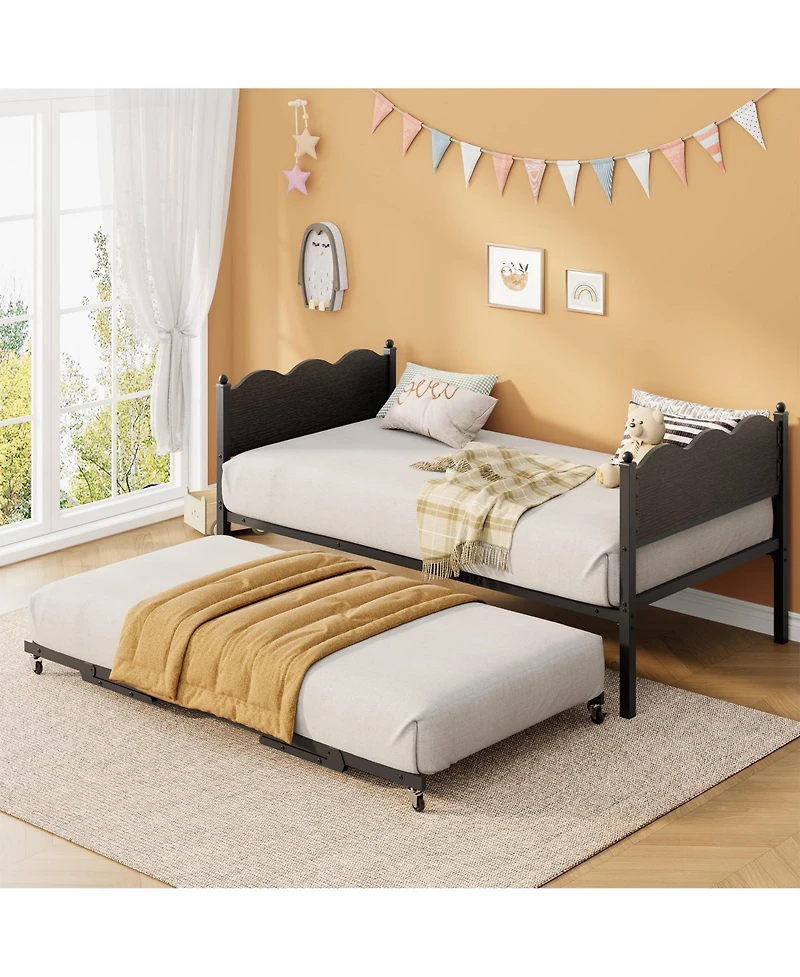 homfan Metal Daybed with Trundle, Wavy Wood-Grain Headboard, Twin Sofa Bed Locking Casters and Steel Support Bars