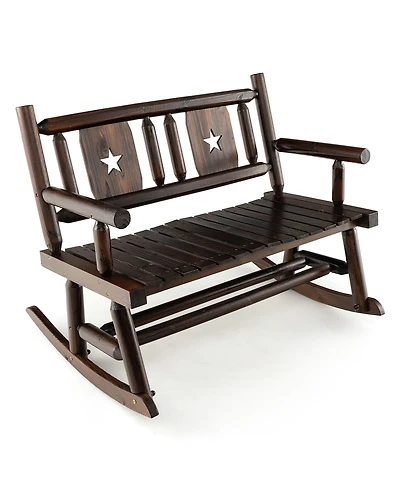 Gymax Outdoor Carbonized Wood Rocking Bench Double Rocking Chair for 2 Persons with Wide Curved Seat