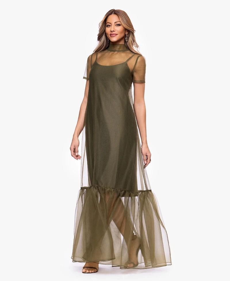 Xscape Women's Turtle Neck Organza Overlay Ball Gown