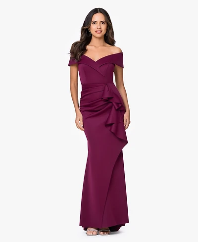 Xscape Scuba Off-The-Shoulder Gown