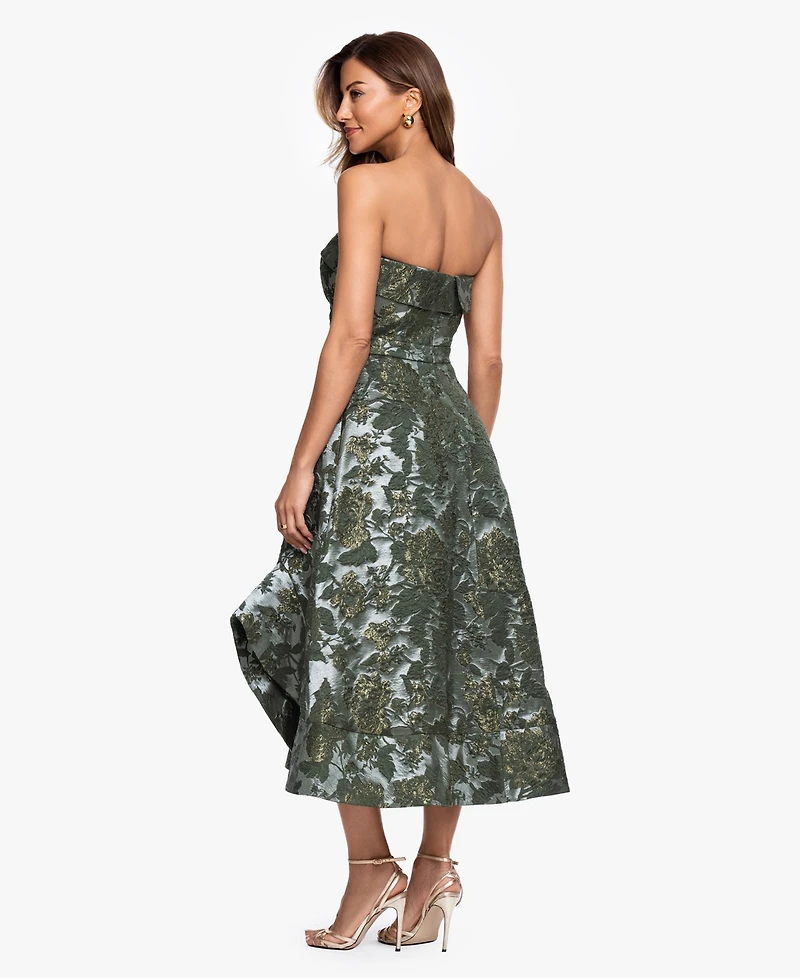 Xscape Women's Strapless Brocade Asymmetrical Hem Midi Dress