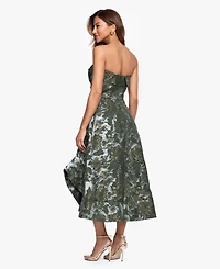 Xscape Women's Strapless Brocade Asymmetrical Hem Midi Dress