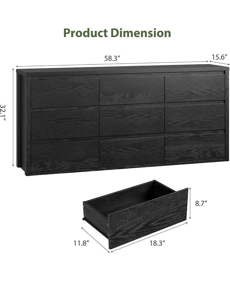 gaomon 9-Drawer Dresser for Bedroom, Wide Modern Wooden Storage Chest for Living Room and Entryway