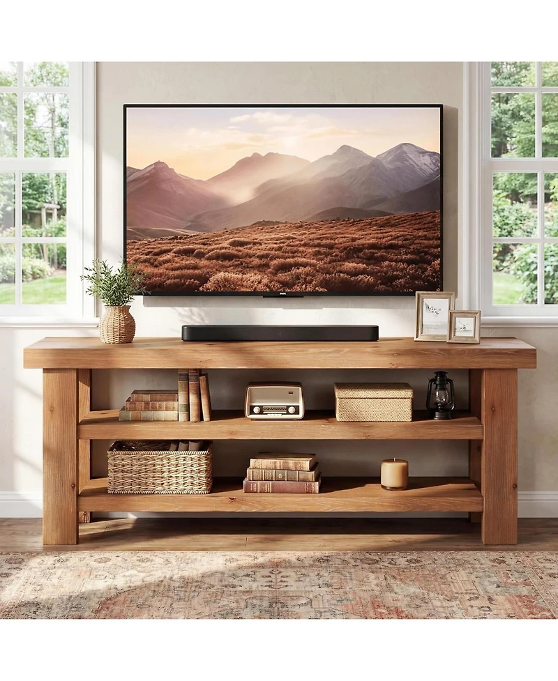 Tribesigns Solid Wood Tv Stand for 55/60/65/75 Inch TVs, 63" Farmhouse Media Console with 2-Tier Open Storage Shelves, Entertainment Center