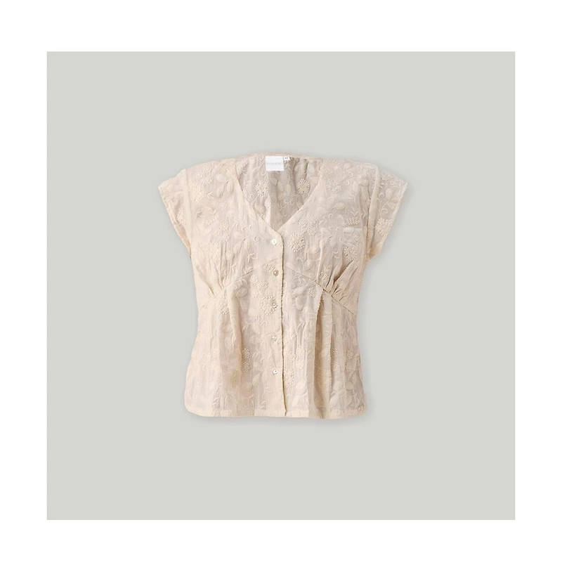 Reistor Women's Cream Embroidered Deep V-Neck Top
