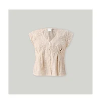 Reistor Women's Cream Embroidered Deep V-Neck Top
