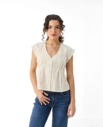 Reistor Women's Cream Embroidered Deep V-Neck Top