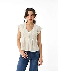 Reistor Women's Cream Embroidered Deep V-Neck Top