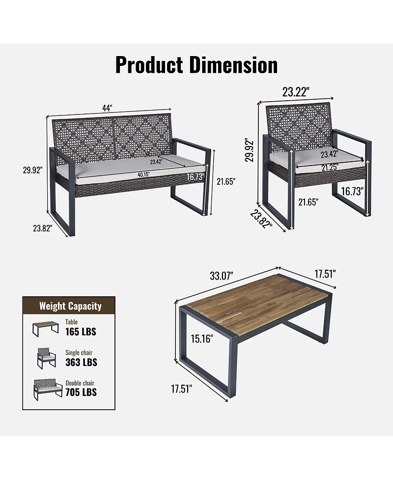 Clihome 4-Piece Outdoor Patio Furniture Set with Acacia Wood Table