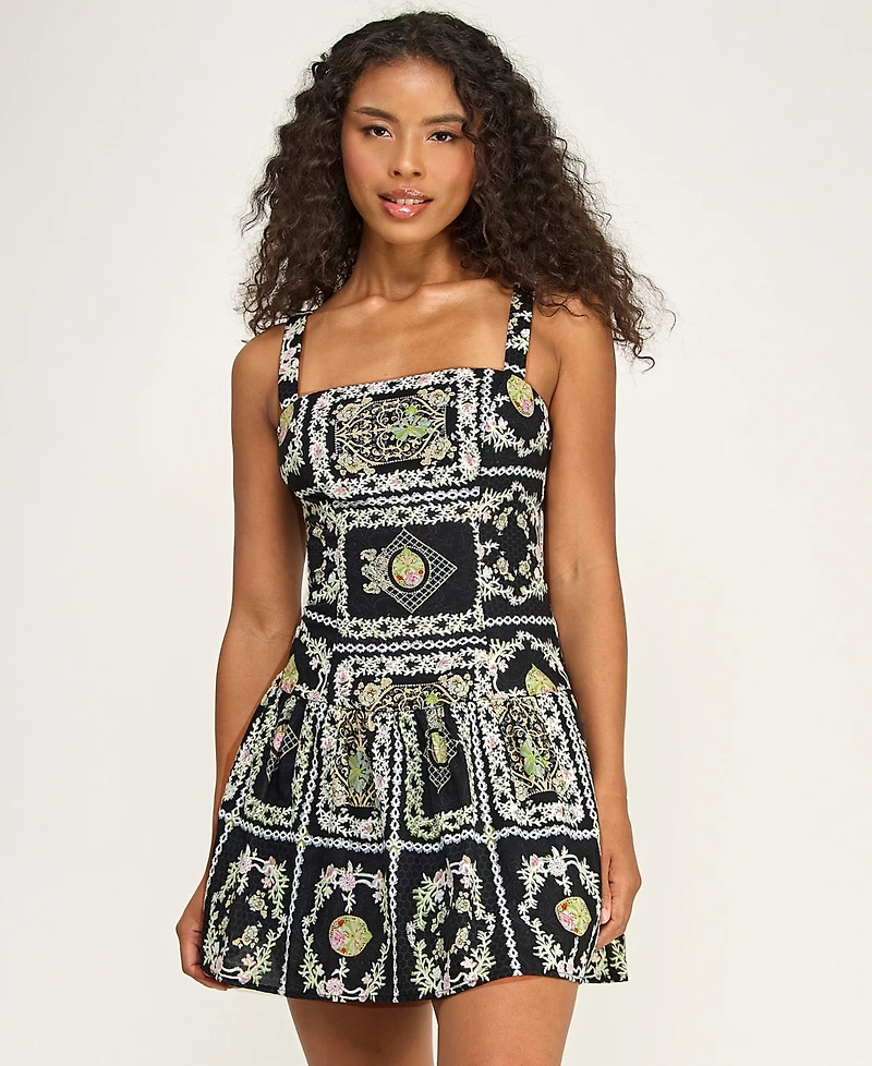 Seni & Cade Juniors' Printed Square Neck Eyelet Drop Waist Short Dress