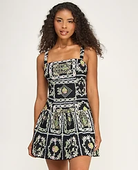 Seni & Cade Juniors' Printed Square Neck Eyelet Drop Waist Short Dress