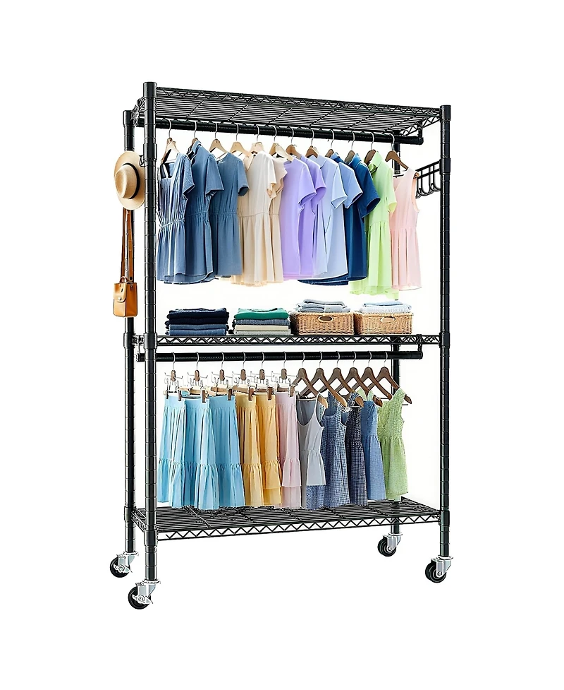Rainsken Heavy Duty Clothing Rack with Wheels, Closet Organizer with Adjustable Metal Wire Shelving, 2 Clothes Rails and Side Hooks for Bedroom
