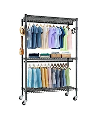 Rainsken Heavy Duty Clothing Rack with Wheels, Closet Organizer with Adjustable Metal Wire Shelving, 2 Clothes Rails and Side Hooks for Bedroom