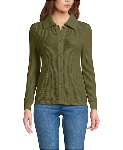 Lands' End Women's Petite Long Sleeve Waffle Collared Shacket