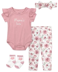 Baby Essentials Baby Girls' Short-Sleeve Bodysuit, Socks, Headband and Leggings, 4-Piece Set