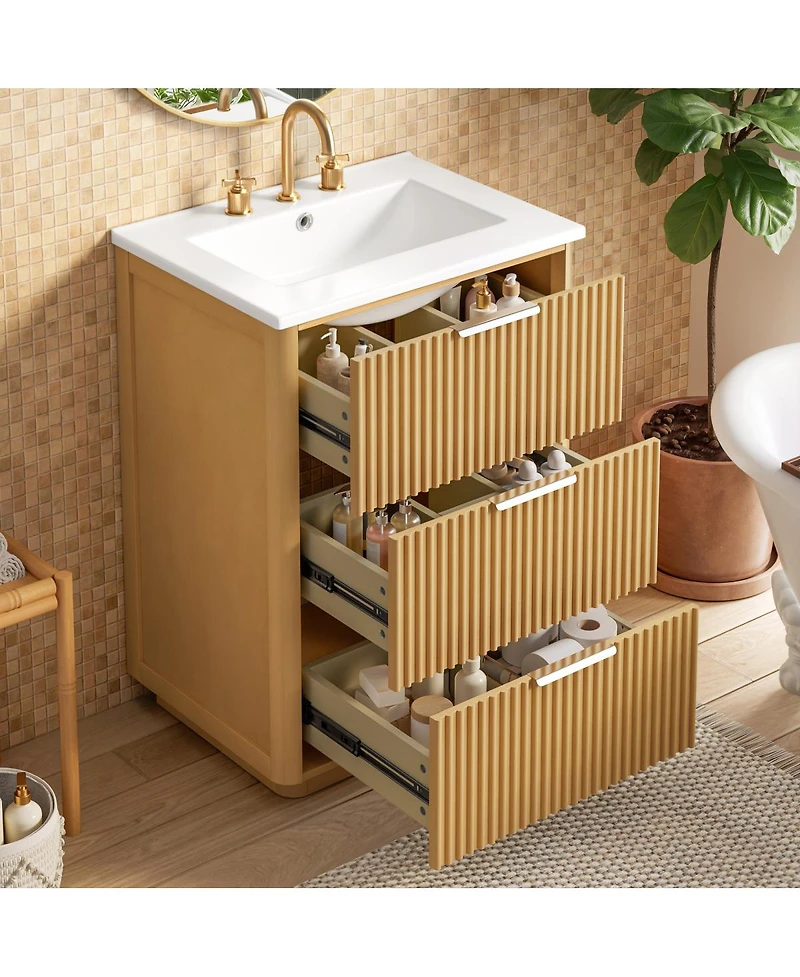 Sillysis 24 Inch Modern Bathroom Vanity with Ceramic Sink, Solid Wood Mdf Cabinet, Fluted Drawers for Small Spaces