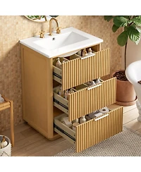 Sillysis 24 Inch Modern Bathroom Vanity with Ceramic Sink, Solid Wood Mdf Cabinet, Fluted Drawers for Small Spaces
