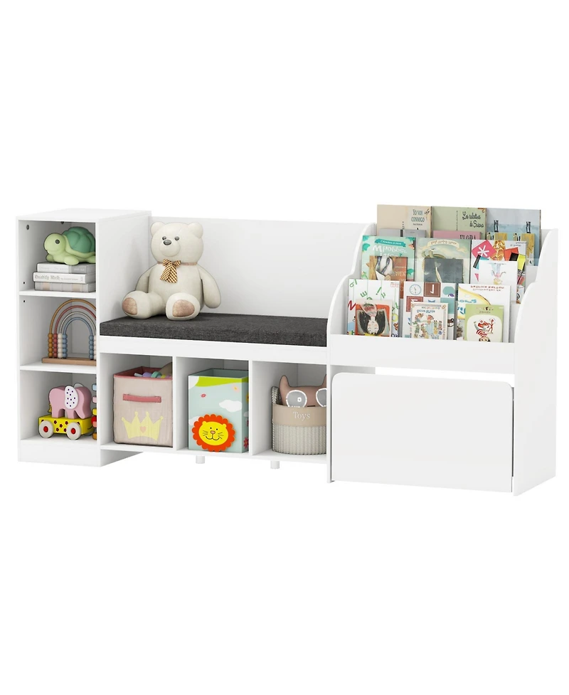 Gymax Wooden Kids Bookshelf with Reading Nook Padded Seat Open Cubes Adjustable Shelf
