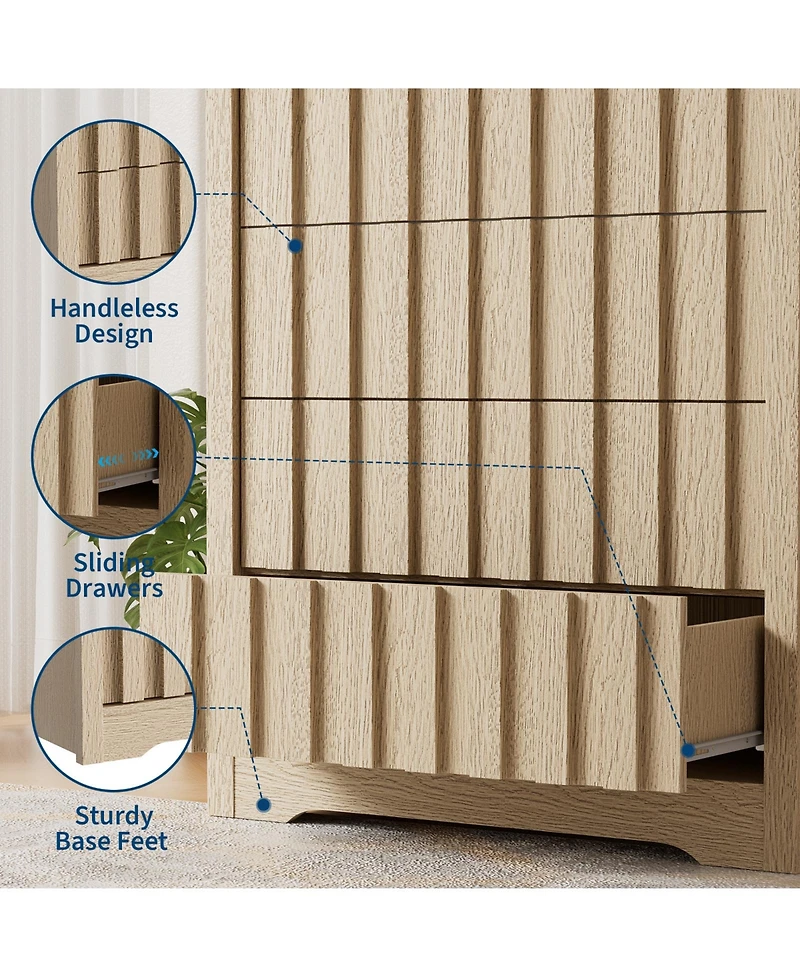 homfan Modern Handleless 5-Drawer Fluted Dresser - Tall Wooden Chest for Bedroom Storage - Deep Organizer for Living Room or Hallway