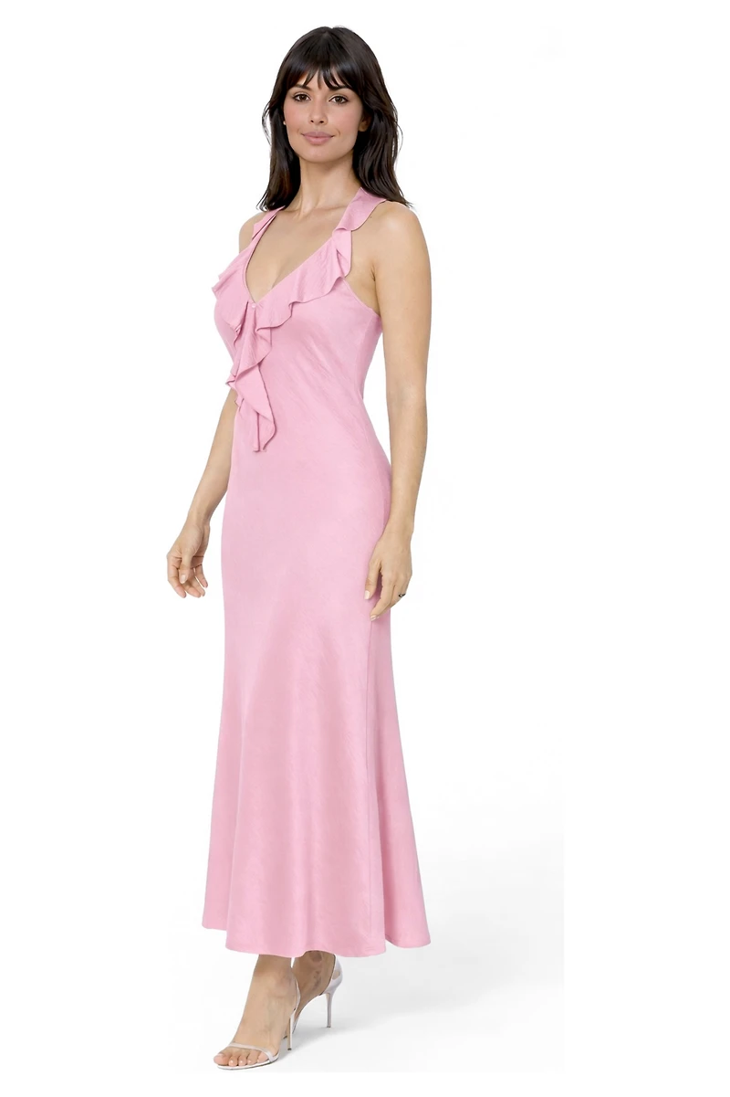 Bebe Women's Crushed Satin Ruffle Halter Maxi Dress