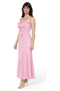 Bebe Women's Crushed Satin Ruffle Halter Maxi Dress