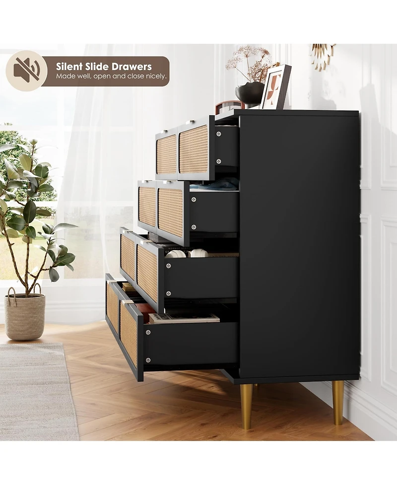homfan Rattan 8-Drawer Tall Dresser, Large Wooden Storage Chest with Deep Drawers and Wide Top for Multi-Room Use