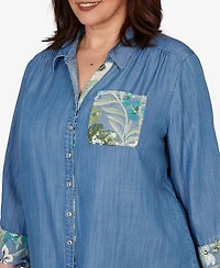 Alfred Dunner Plus Indigo Girls Soft Lyocell Denim Sequined Button Front Top