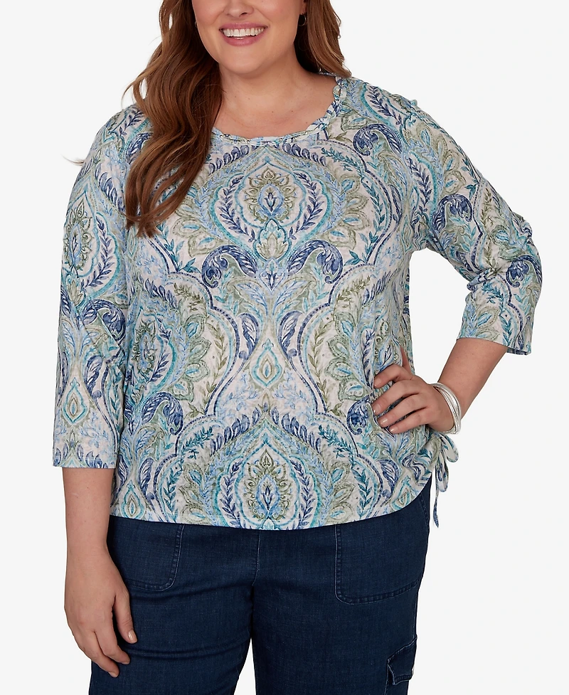 Alfred Dunner Plus Indigo Girls Medallion Print Braided Neck Top