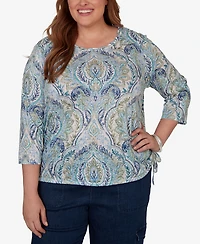 Alfred Dunner Plus Indigo Girls Medallion Print Braided Neck Top