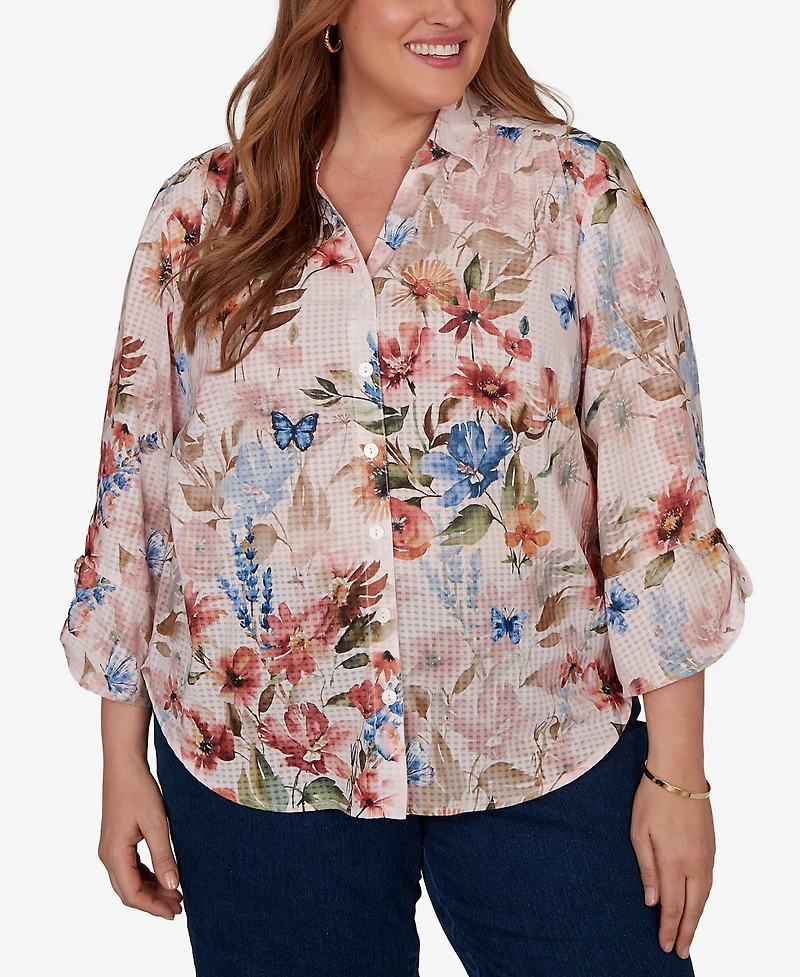 Alfred Dunner Plus Camden Market Botanical Butterfly Button Front Top