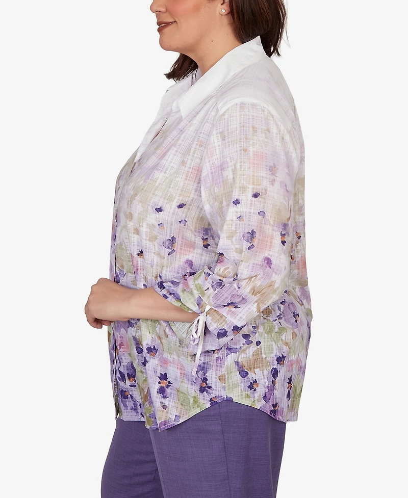 Alfred Dunner Plus Grand Bazaar Floral Ombre Button Down Top