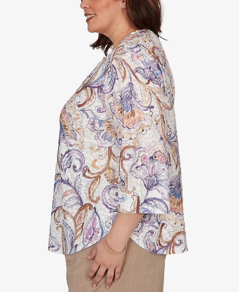 Alfred Dunner Plus Grand Bazaar Jacobean Floral Split Neck Top