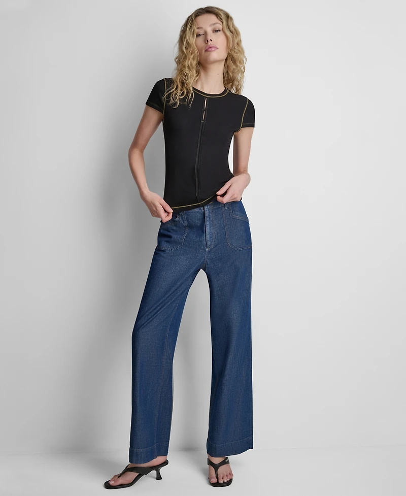 Dkny Women's Crewneck Contrast Stitch Top