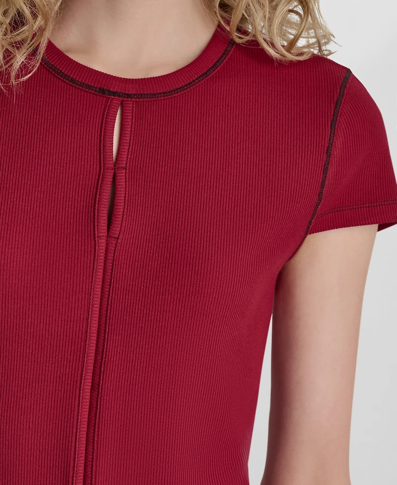 Dkny Women's Crewneck Contrast Stitch Top