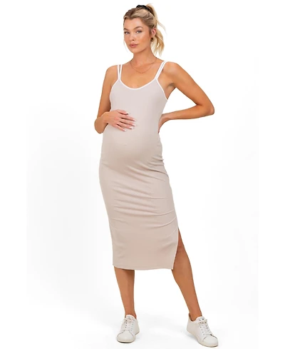 Pinkblush Maternity Beige Contrast Double Strap Midi Dress