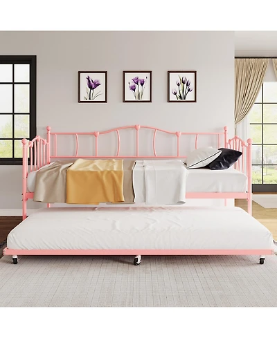 homfan Metal Daybed with Trundle, Twin Day Bed with Heart Design Headboard, Steel Slat Support, No Box Spring Needed